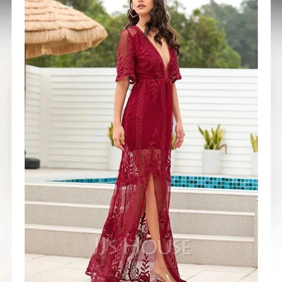 Eliter Dresses & Skirts - Holiday dress vibes Burgundy Deep V-Neck 1/2 Sleeves lace overlay SIZE S